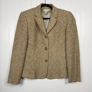 Ann Taylor Wool Blend Tweed Blazer Tan Brown Check Career Jacket Size 10